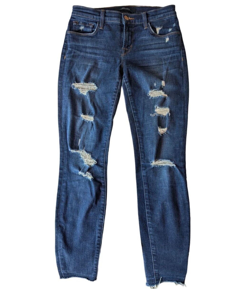 J Brand Cropped Skinny Leg Jeans in Demented Trouble Destroyed Blue Indigo Sz 26